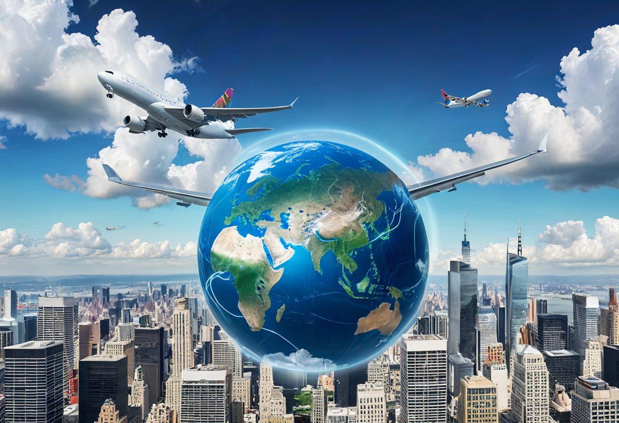 An airplane flying above a city skyline with skyscrapers poking through clouds, a globe in the background showcasing global travel destinations, and a smartphone screen displaying a flight booking app interface. super-realistic. vibrant colors.