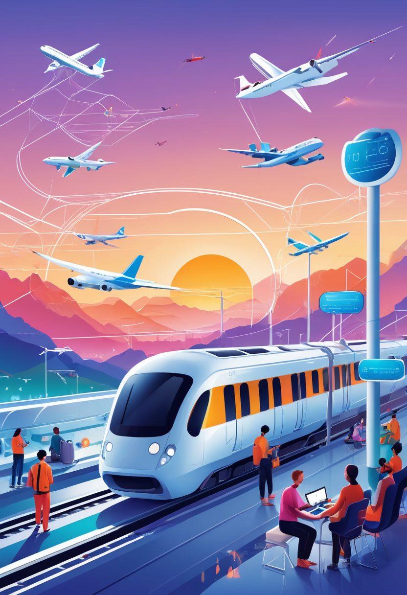 An illustration of a futuristic travel scenario with people seamlessly booking flights, trains, and accommodations through their gadgets. Include icons depicting various travel modes like airplanes, trains, and hotels connected through digital lines, with a tranquil landscape in the background. vector art. vibrant colors. white background.
