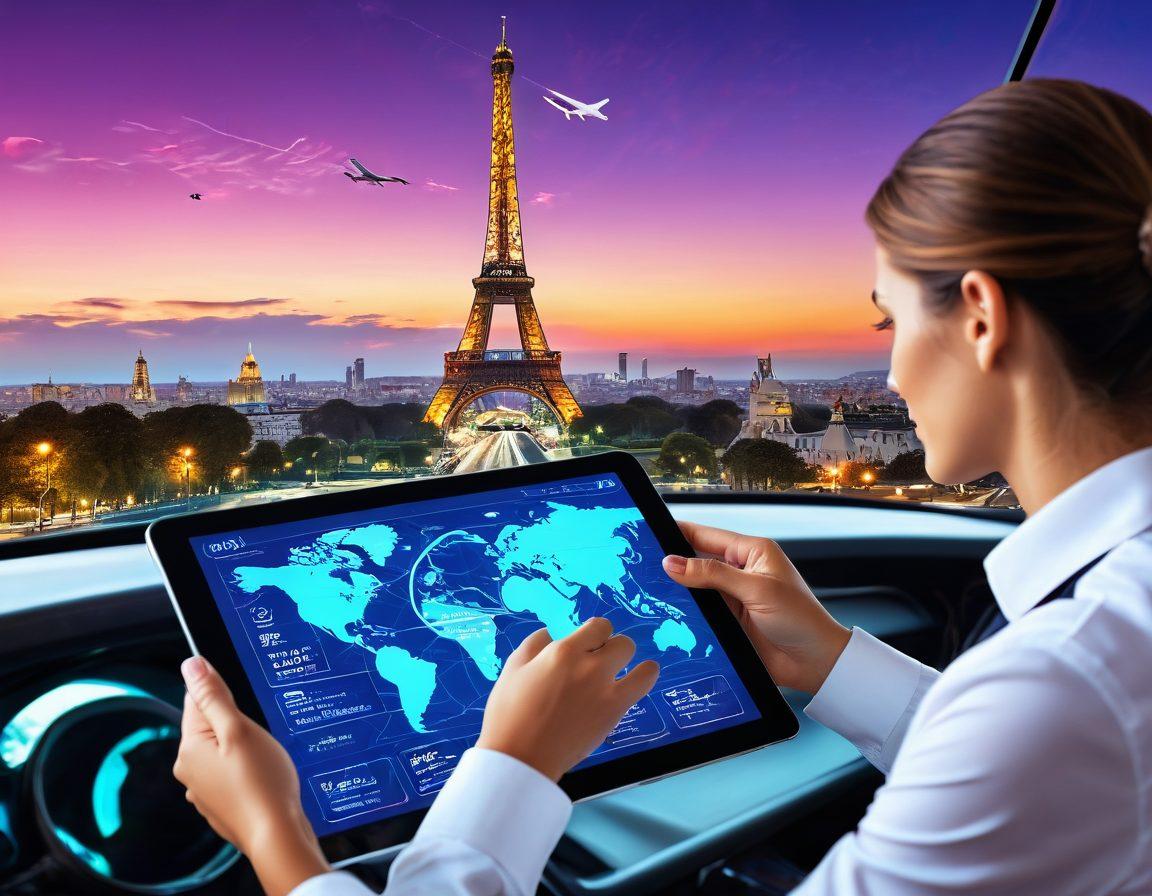 A futuristic digital dashboard showcasing an organized, seamless travel booking interface with vibrant icons for flights, hotels, and car rentals. A traveler happily checking their itinerary on a tablet, with a background of interconnected world landmarks like the Eiffel Tower, Statue of Liberty, and Pyramids, symbolizing global travel. vibrant colors. super-realistic.